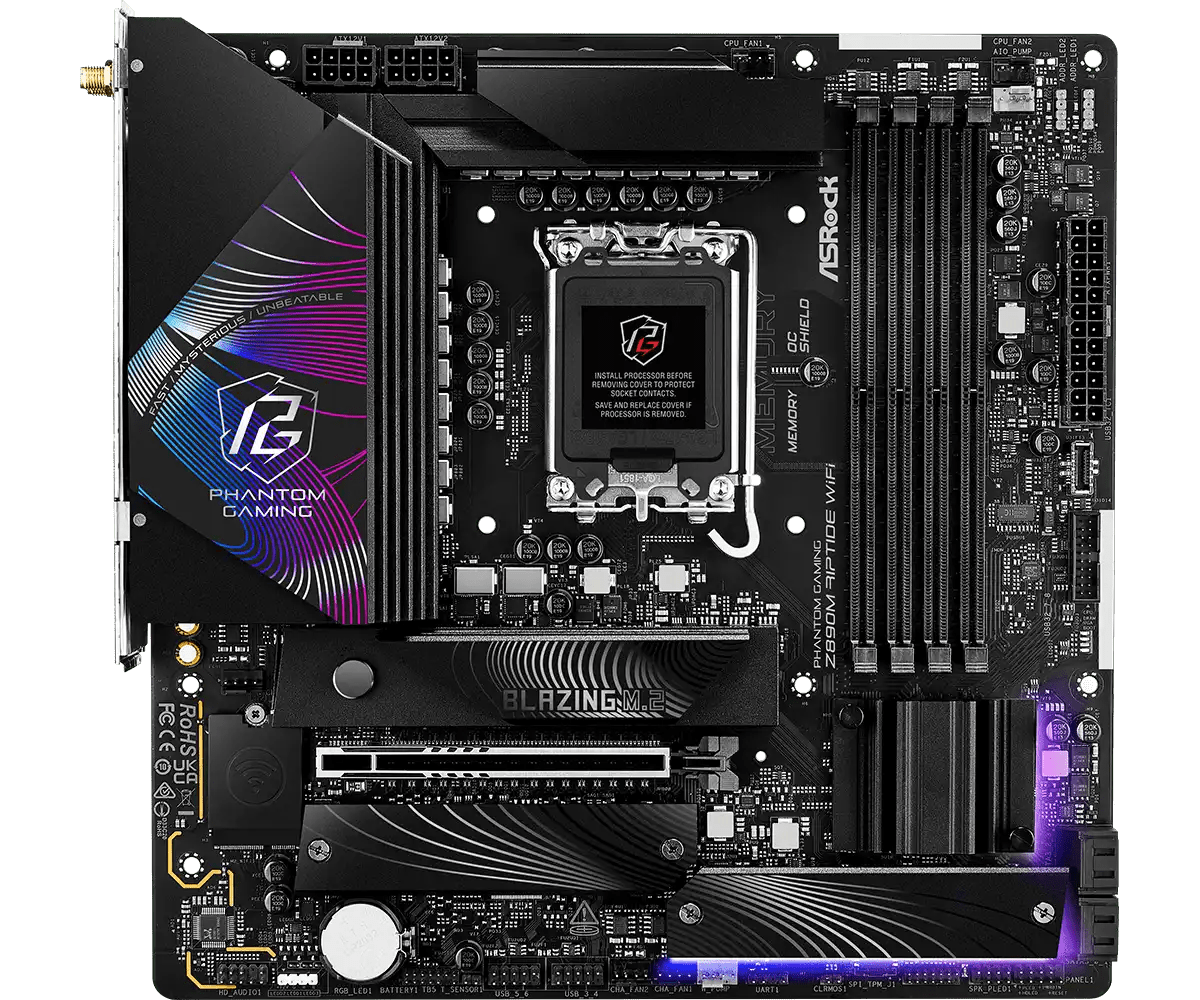 ASRock PHANTOM GAMING Z890M Riptide WiFi LGA1851 Socket Gaming Motherboard - Vektra Computers LLC ASRock PHANTOM GAMING Z890M Riptide WiFi LGA1851 Socket Gaming Motherboard - Vektra Computers LLC